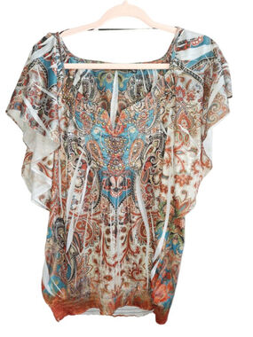 Apt. 9 Blouse L Multi-color Paisley gem Embellished Top blingy boho